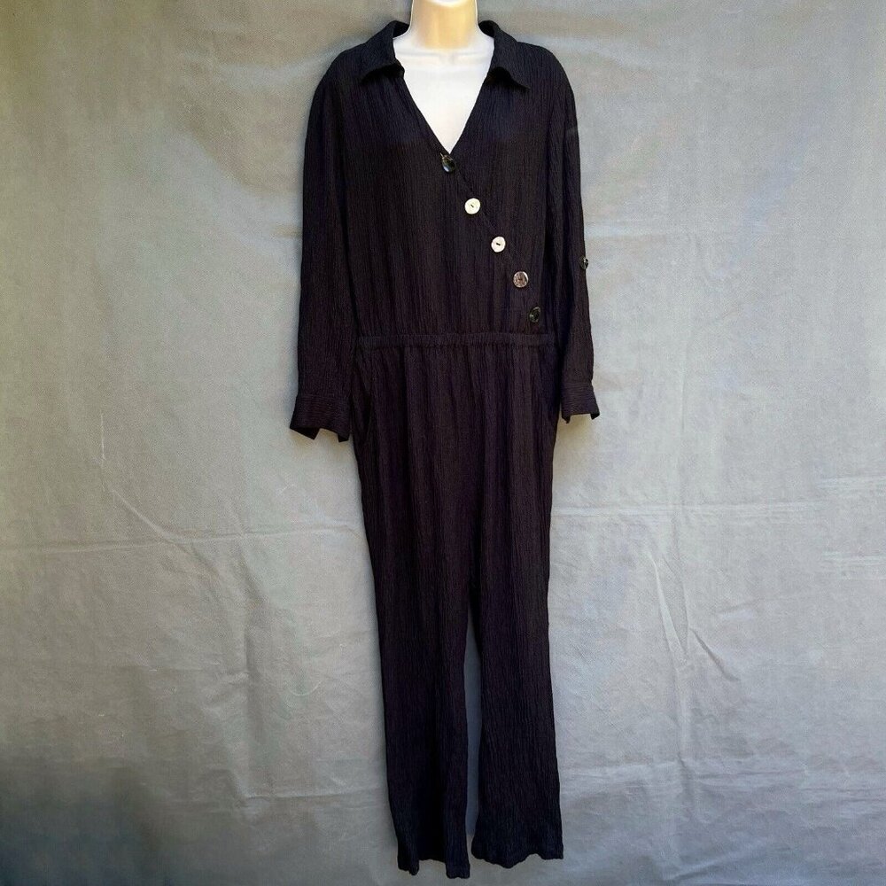 Soft Surroundings 3CW86 Cannes Black Textured Gauze One-Piece Jumpsuit LP